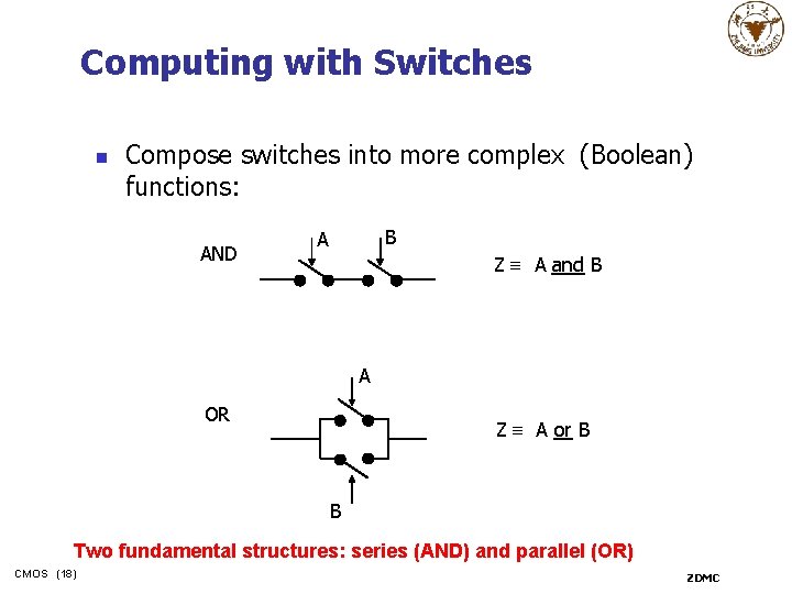 Computing with Switches n Compose switches into more complex (Boolean) functions: AND B A