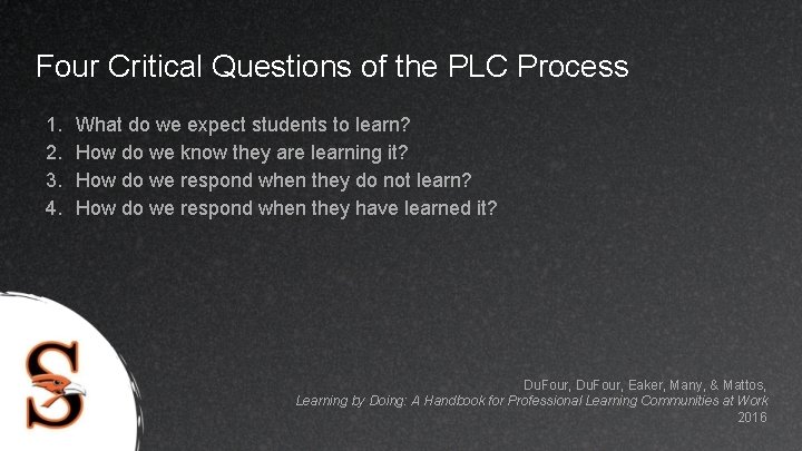 Four Critical Questions of the PLC Process 1. 2. 3. 4. What do we