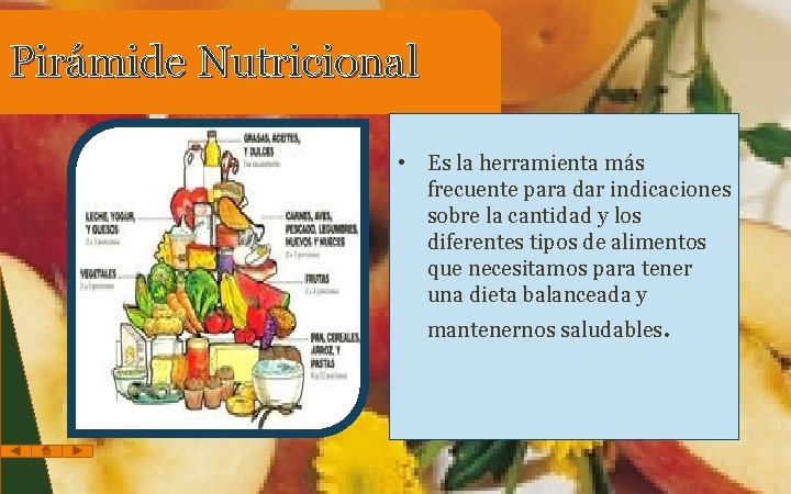 Pirámide Nutricional • Es la herramienta más frecuente para dar indicaciones sobre la cantidad