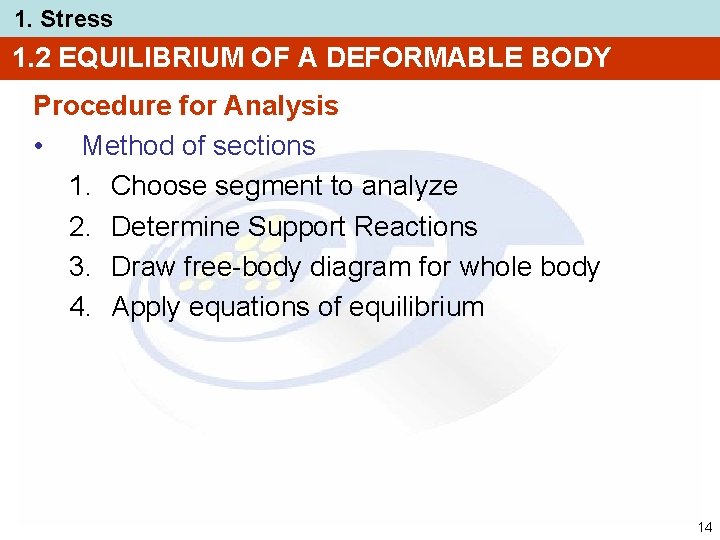 1. Stress 1. 2 EQUILIBRIUM OF A DEFORMABLE BODY Procedure for Analysis • Method