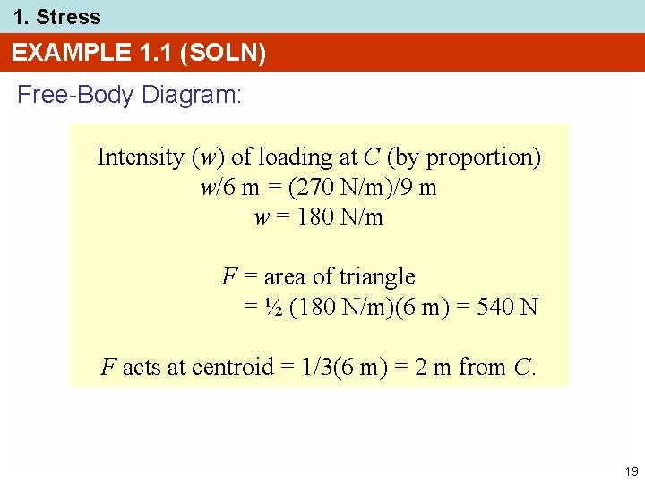 1. Stress EXAMPLE 1. 1 (SOLN) Free-Body Diagram: Intensity (w) of loading at C