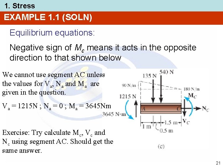 1. Stress EXAMPLE 1. 1 (SOLN) Equilibrium equations: Negative sign of Mc means it