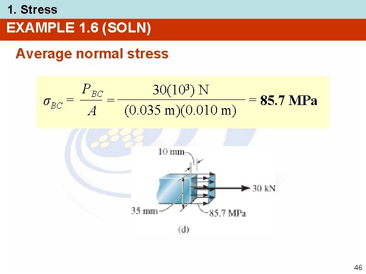 1. Stress EXAMPLE 1. 6 (SOLN) Average normal stress σBC = PBC 30(103) N