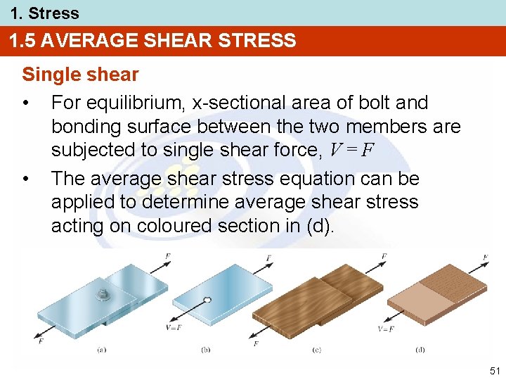 1. Stress 1. 5 AVERAGE SHEAR STRESS Single shear • For equilibrium, x-sectional area