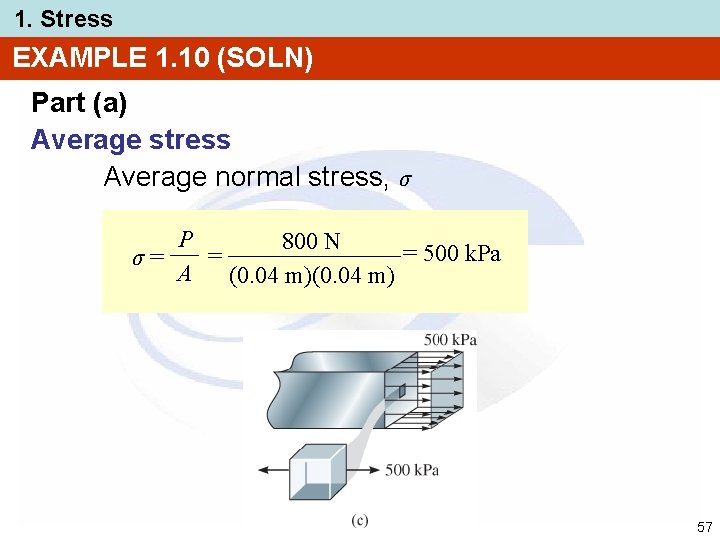 1. Stress EXAMPLE 1. 10 (SOLN) Part (a) Average stress Average normal stress, σ