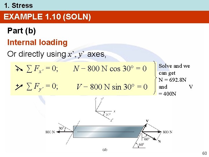 1. Stress EXAMPLE 1. 10 (SOLN) Part (b) Internal loading Or directly using x’,