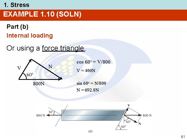 1. Stress EXAMPLE 1. 10 (SOLN) Part (b) Internal loading Or using a force