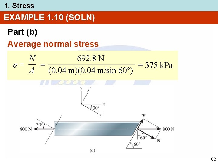 1. Stress EXAMPLE 1. 10 (SOLN) Part (b) Average normal stress N 692. 8