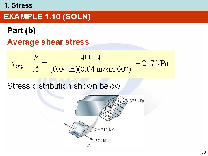 1. Stress EXAMPLE 1. 10 (SOLN) Part (b) Average shear stress V 400 N