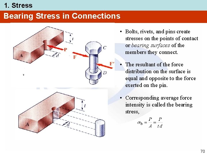 1. Stress Bearing Stress in Connections • Bolts, rivets, and pins create stresses on