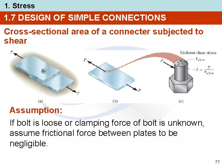 1. Stress 1. 7 DESIGN OF SIMPLE CONNECTIONS Cross-sectional area of a connecter subjected