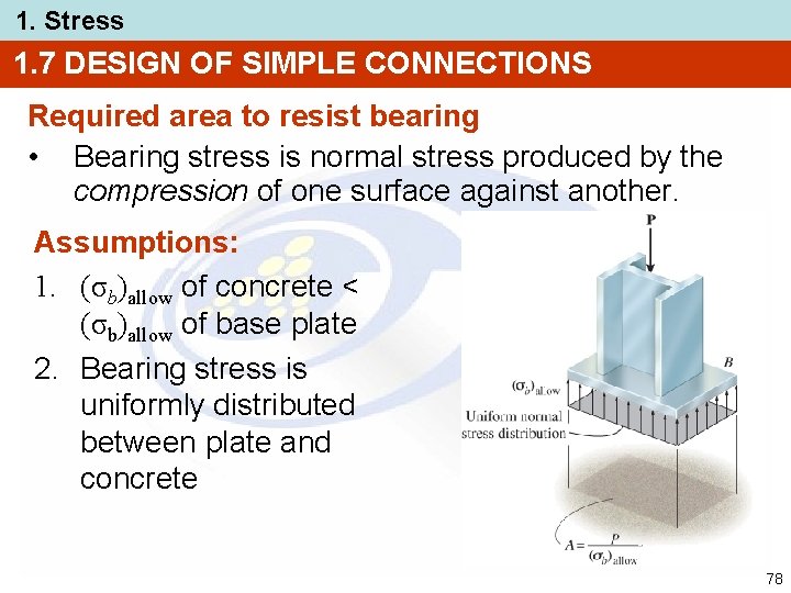 1. Stress 1. 7 DESIGN OF SIMPLE CONNECTIONS Required area to resist bearing •