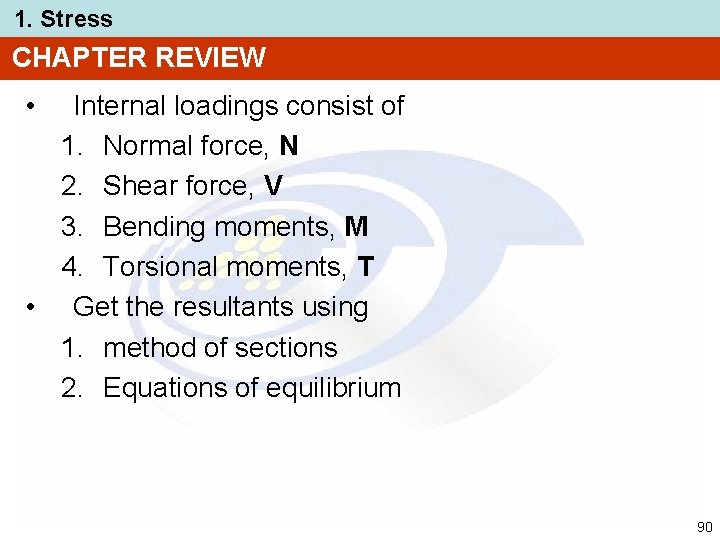 1. Stress CHAPTER REVIEW • Internal loadings consist of 1. Normal force, N 2.