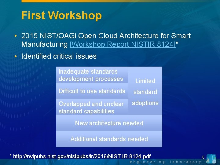 First Workshop • 2015 NIST/OAGi Open Cloud Architecture for Smart Manufacturing [Workshop Report NISTIR