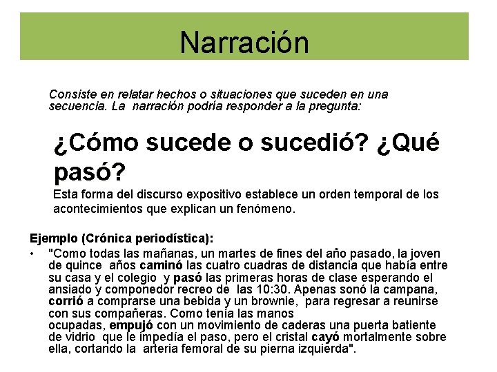 Narración Consiste en relatar hechos o situaciones que suceden en una secuencia. La narración