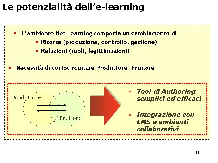 Le potenzialità dell’e-learning § L’ambiente Net Learning comporta un cambiamento di § Risorse (produzione,