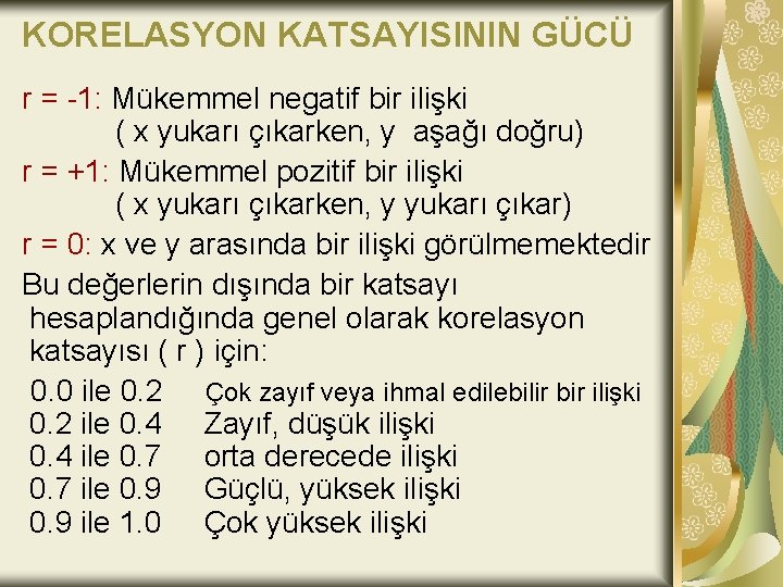 KORELASYON KATSAYISININ GÜCÜ r = -1: Mükemmel negatif bir ilişki ( x yukarı çıkarken,