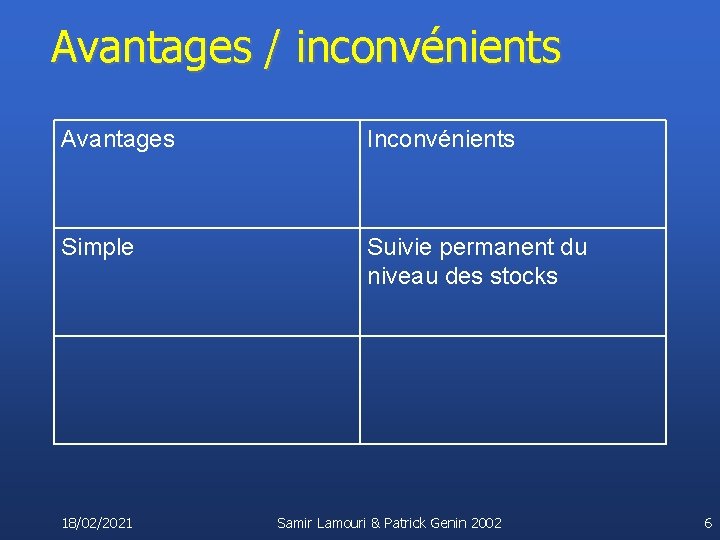 Avantages / inconvénients Avantages Inconvénients Simple Suivie permanent du niveau des stocks 18/02/2021 Samir