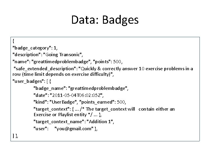 Data: Badges { "badge_category": 1, "description": "Going Transonic", "name": "greattimedproblembadge", "points": 500, "safe_extended_description": "Quickly