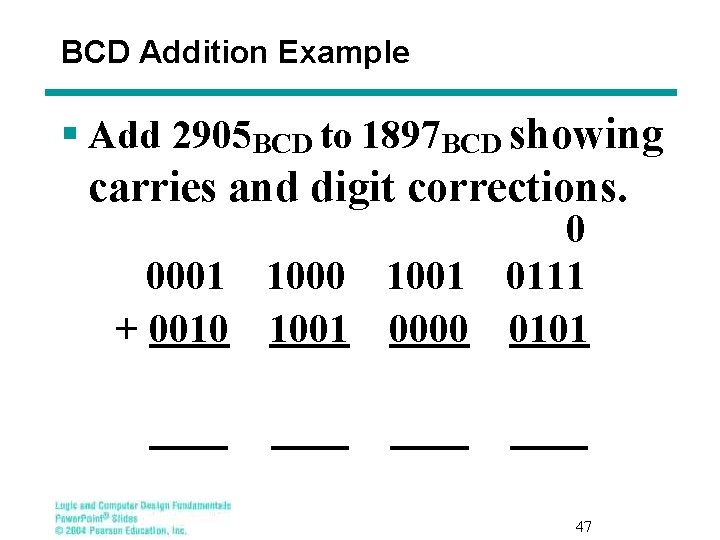 BCD Addition Example § Add 2905 BCD to 1897 BCD showing carries and digit