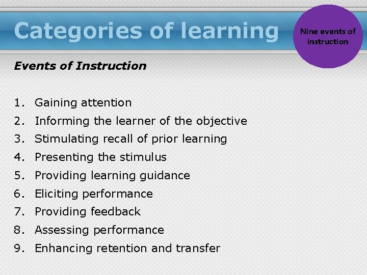 Categories of learning Events of Instruction 1. Gaining attention 2. Informing the learner of