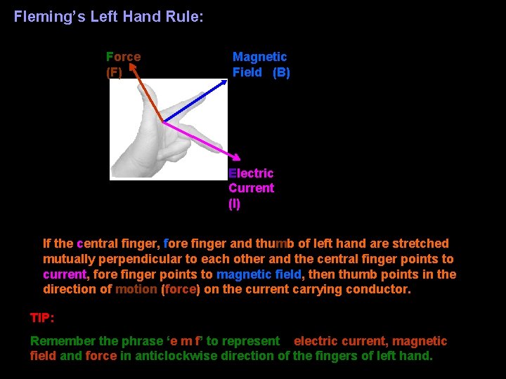 Fleming’s Left Hand Rule: Force (F) Magnetic Field (B) Electric Current (I) If the