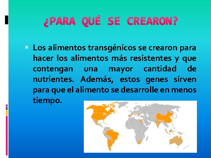 ¿PARA QUÉ SE CREARON? Los alimentos transgénicos se crearon para hacer los alimentos más