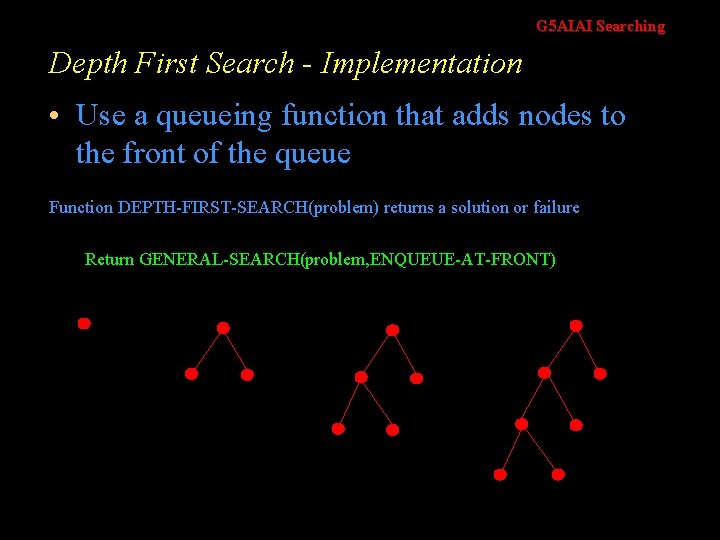 G 5 AIAI Searching Depth First Search - Implementation • Use a queueing function