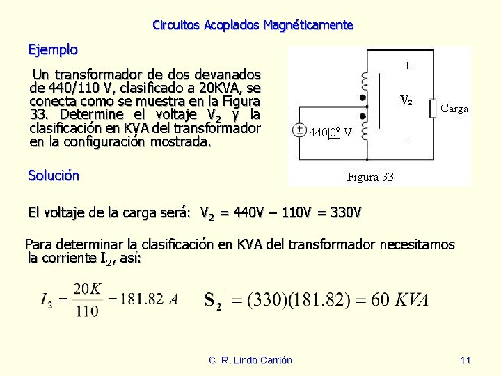 Circuitos Acoplados Magnéticamente Ejemplo Un transformador de dos devanados de 440/110 V, clasificado a