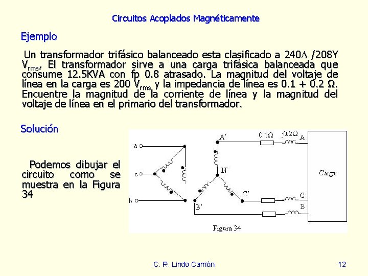 Circuitos Acoplados Magnéticamente Ejemplo Un transformador trifásico balanceado esta clasificado a 240 /208 Y