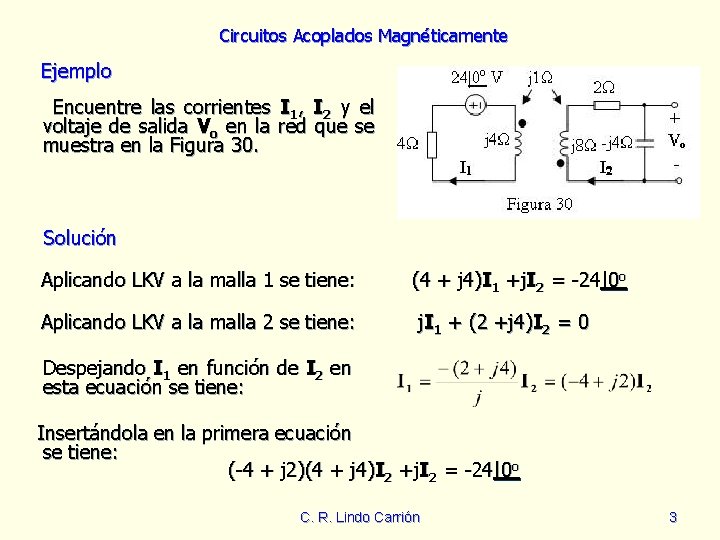 Circuitos Acoplados Magnéticamente Ejemplo Encuentre las corrientes I 1, I 2 y el voltaje Circuitos Acoplados Magnéticamente Ejemplo Encuentre las corrientes I 1, I 2 y el voltaje