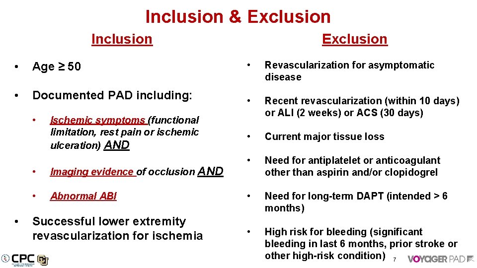 Inclusion & Exclusion Inclusion Exclusion • Age ≥ 50 • Revascularization for asymptomatic disease