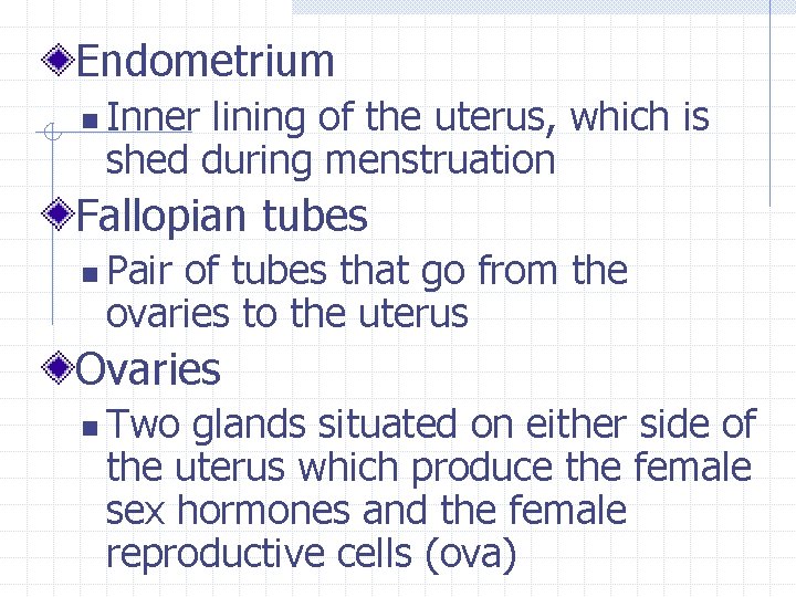 Endometrium n Inner lining of the uterus, which is shed during menstruation Fallopian tubes