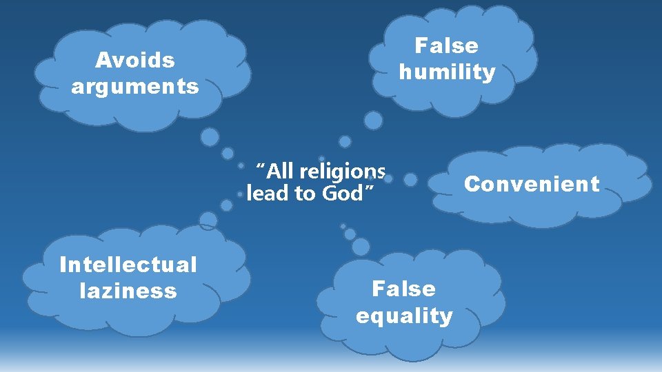 False humility Avoids arguments “All religions lead to God” Intellectual laziness False equality Convenient