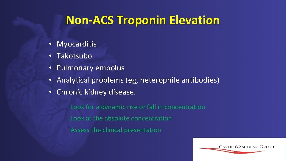 Non-ACS Troponin Elevation • • • Myocarditis Takotsubo Pulmonary embolus Analytical problems (eg, heterophile Non-ACS Troponin Elevation • • • Myocarditis Takotsubo Pulmonary embolus Analytical problems (eg, heterophile