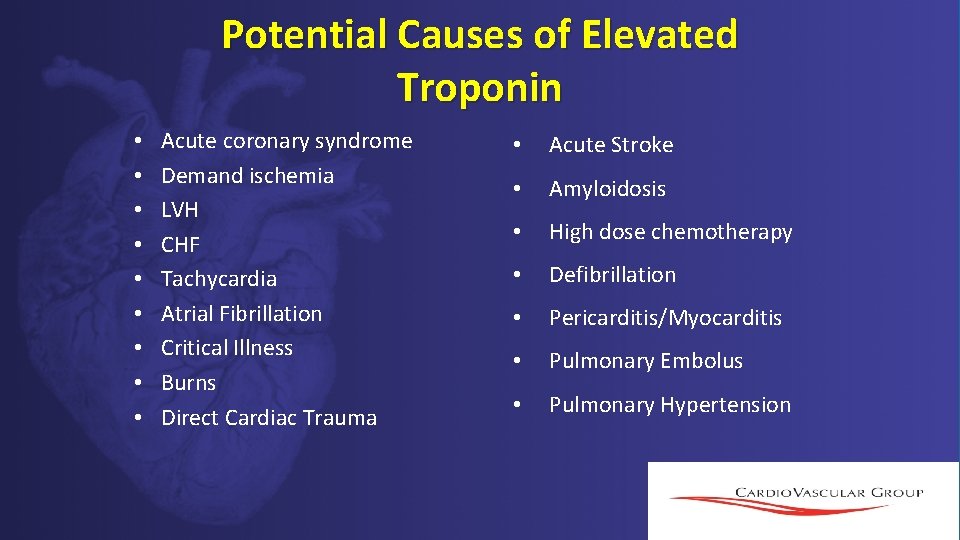 Potential Causes of Elevated Troponin • • • Acute coronary syndrome Demand ischemia LVH Potential Causes of Elevated Troponin • • • Acute coronary syndrome Demand ischemia LVH