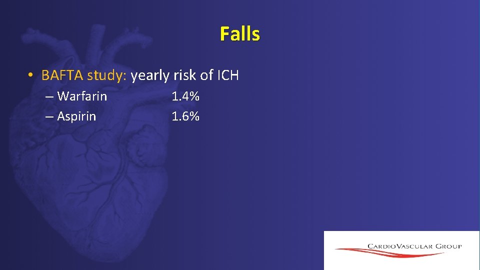 Falls • BAFTA study: yearly risk of ICH – Warfarin – Aspirin 1. 4% Falls • BAFTA study: yearly risk of ICH – Warfarin – Aspirin 1. 4%