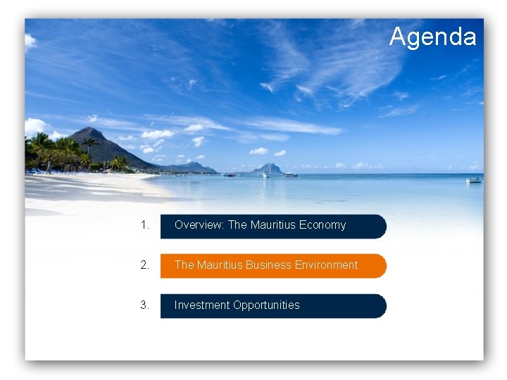 Agenda 1. Overview: The Mauritius Economy 2. The Mauritius Business Environment 3. Investment Opportunities Agenda 1. Overview: The Mauritius Economy 2. The Mauritius Business Environment 3. Investment Opportunities