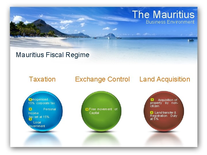 The Mauritius Business Environment Mauritius Fiscal Regime Taxation Exchange Control Homogenised 15% corporate tax