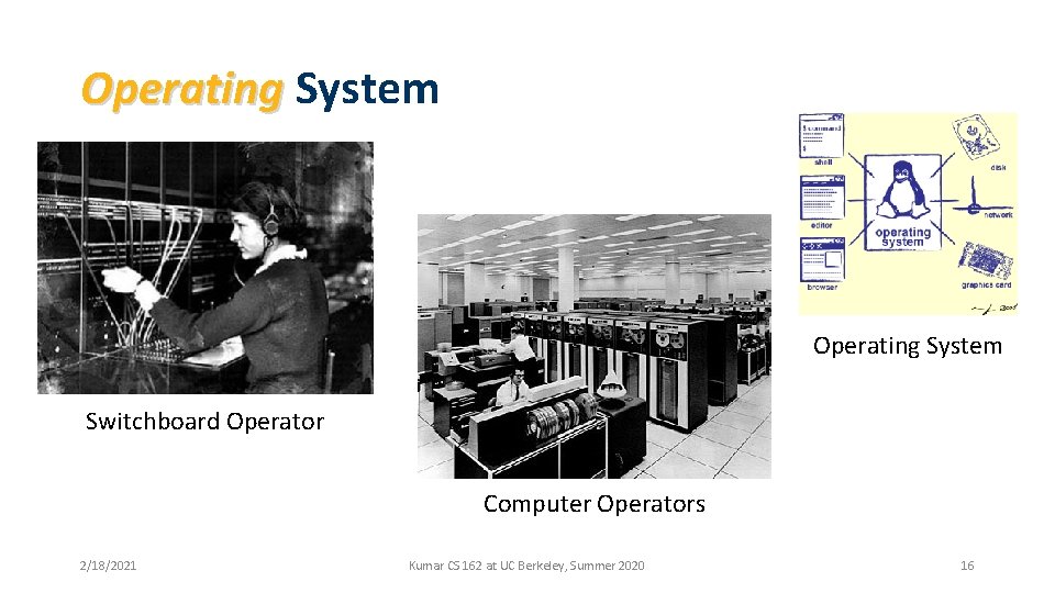 Operating System Switchboard Operator Computer Operators 2/18/2021 Kumar CS 162 at UC Berkeley, Summer