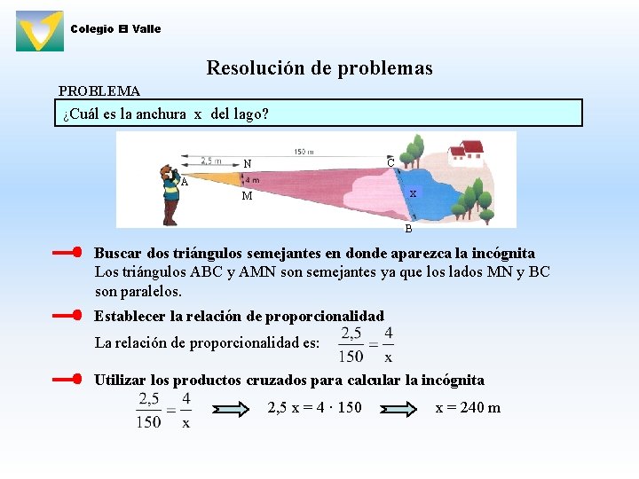 Colegio El Valle Resolución de problemas PROBLEMA ¿Cuál es la anchura x del lago?