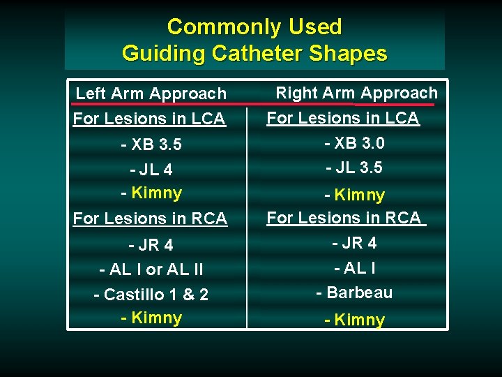 Commonly Used Guiding Catheter Shapes Left Arm Approach For Lesions in LCA - XB Commonly Used Guiding Catheter Shapes Left Arm Approach For Lesions in LCA - XB