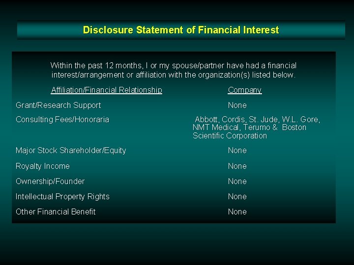 Disclosure Statement of Financial Interest Within the past 12 months, I or my spouse/partner Disclosure Statement of Financial Interest Within the past 12 months, I or my spouse/partner