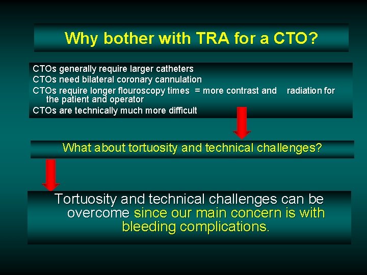Why bother with TRA for a CTO? CTOs generally require larger catheters CTOs need Why bother with TRA for a CTO? CTOs generally require larger catheters CTOs need