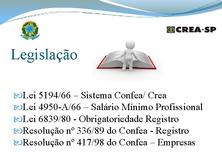Legislação Lei 5194/66 – Sistema Confea/ Crea Lei 4950 -A/66 – Salário Mínimo Profissional Legislação Lei 5194/66 – Sistema Confea/ Crea Lei 4950 -A/66 – Salário Mínimo Profissional