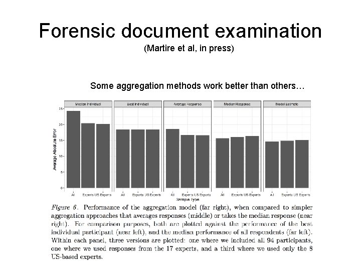 Forensic document examination (Martire et al, in press) Some aggregation methods work better than