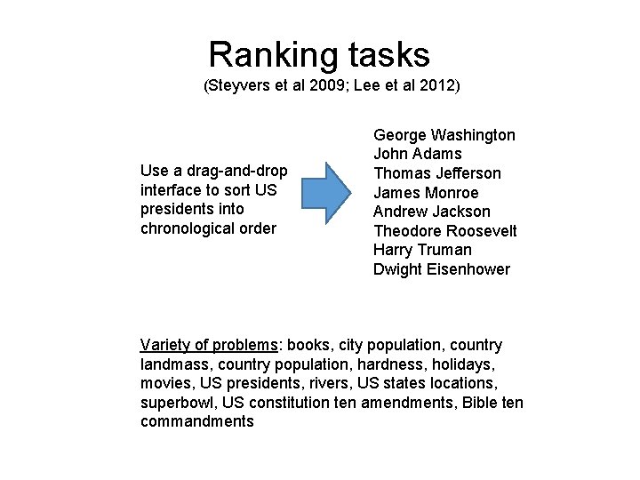 Ranking tasks (Steyvers et al 2009; Lee et al 2012) Use a drag-and-drop interface
