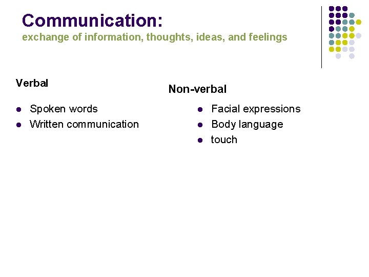 Communication: exchange of information, thoughts, ideas, and feelings Verbal l l Spoken words Written