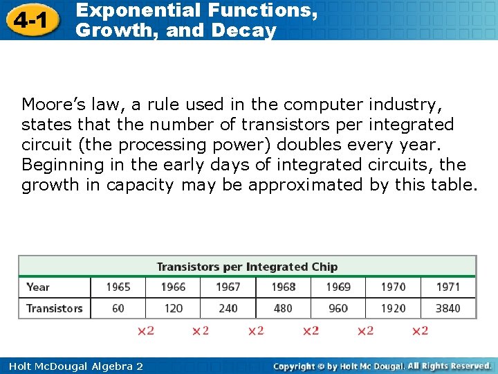 4 -1 Exponential Functions, Growth, and Decay Moore’s law, a rule used in the