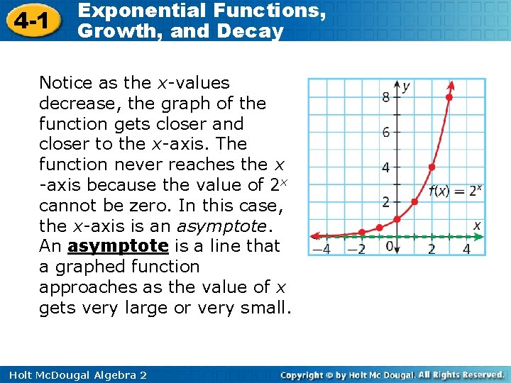 4 -1 Exponential Functions, Growth, and Decay Notice as the x-values decrease, the graph